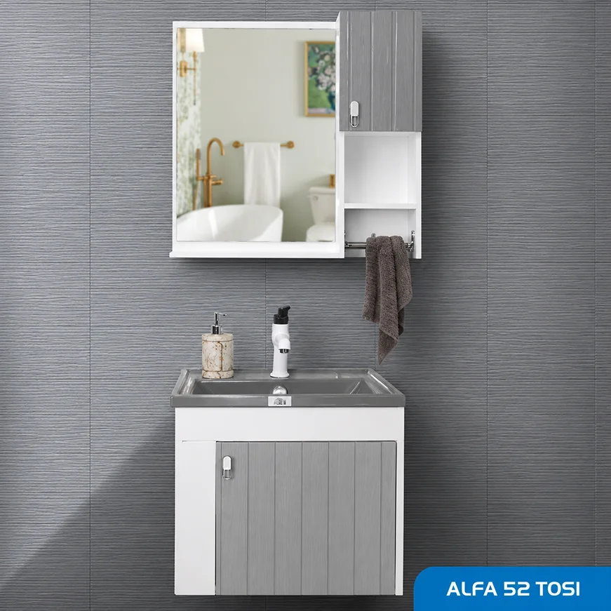 ست روشویی کابینتی ، آینه و باکس آلفا 52 طوسی صدف