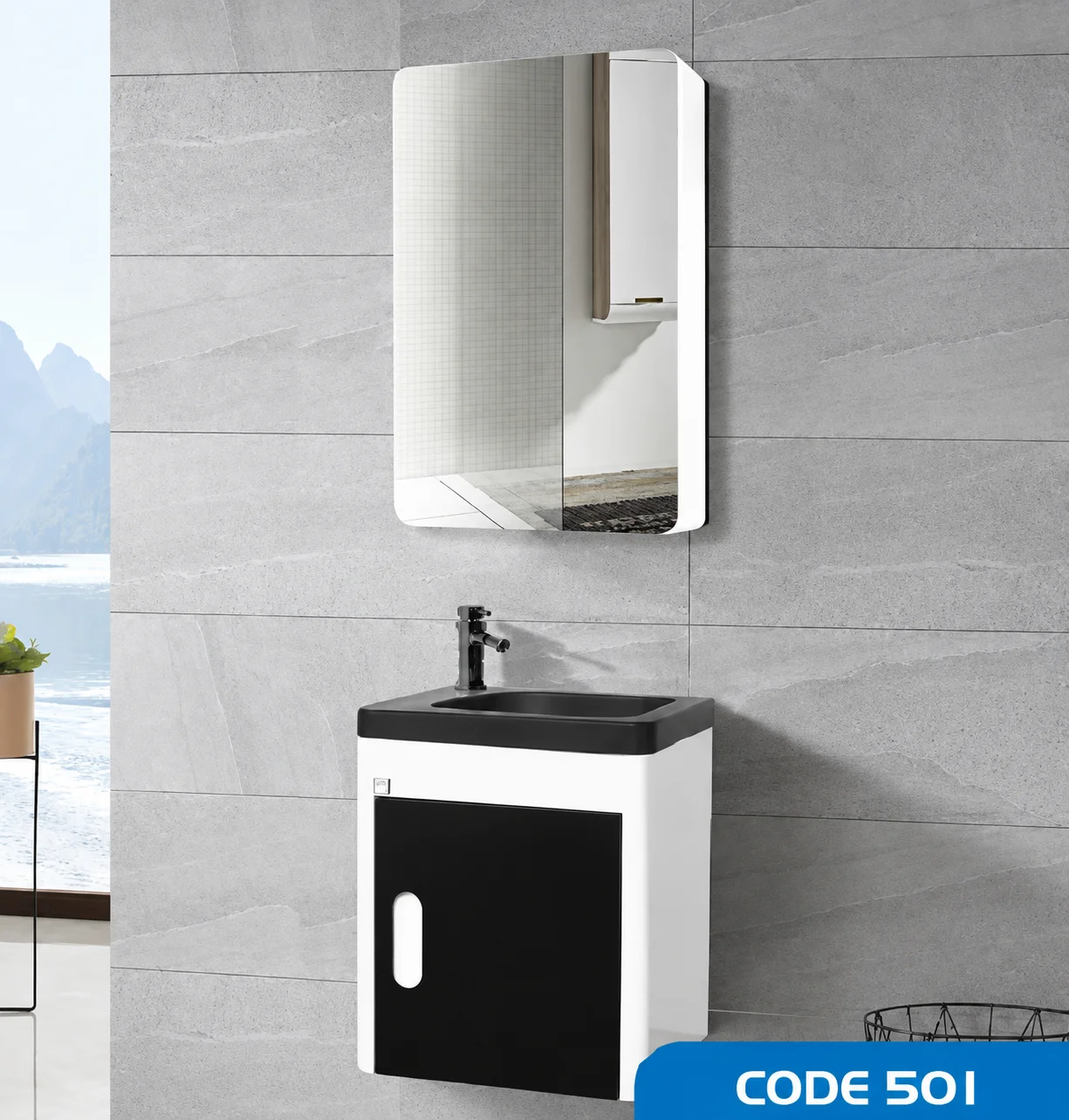 ست روشویی کابینتی و آینه سفید و مشکی  501 صدف  