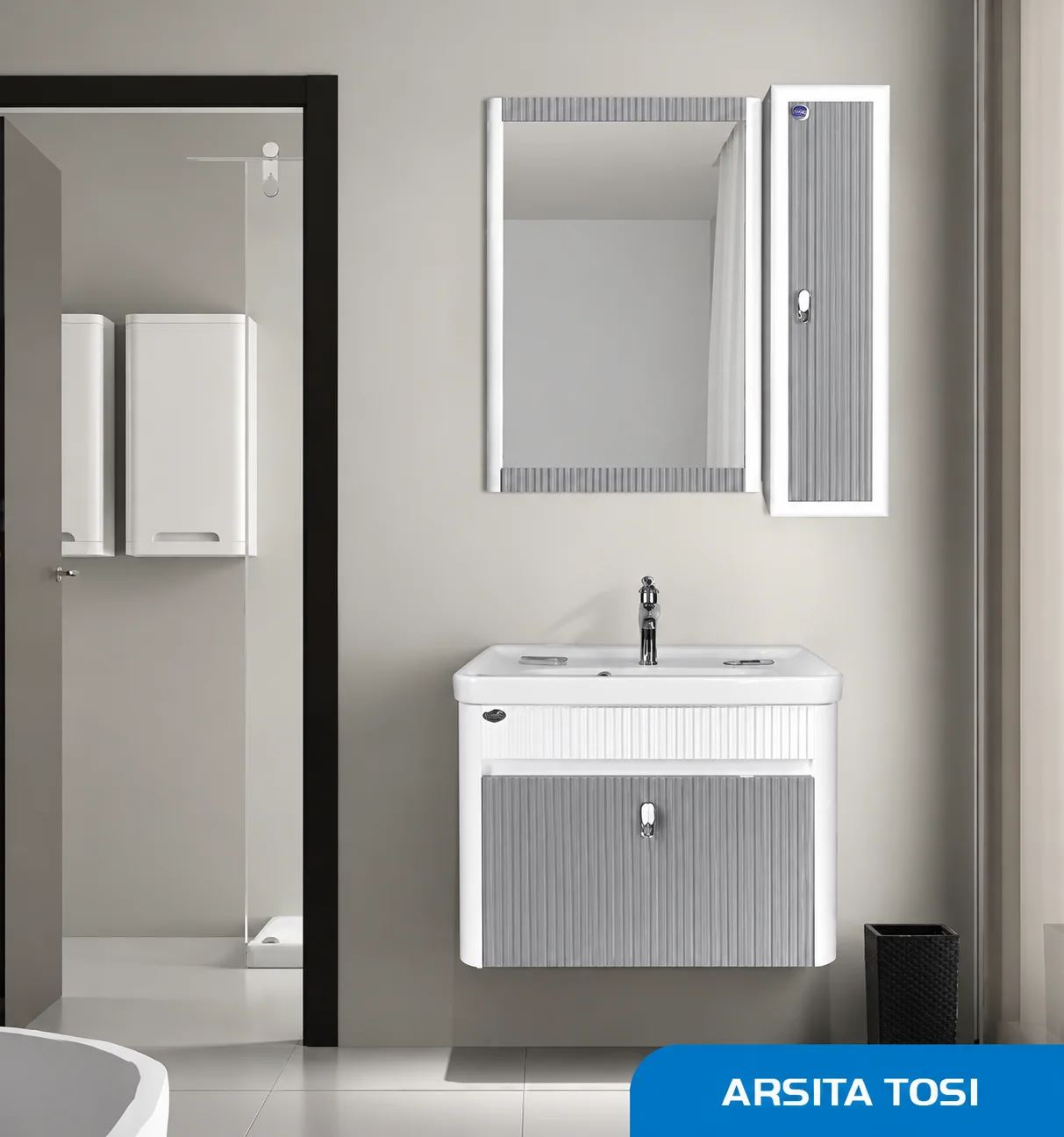ست روشویی کابینتی، باکس و آینه مدل ARSITA رنگ طوسی صدف  