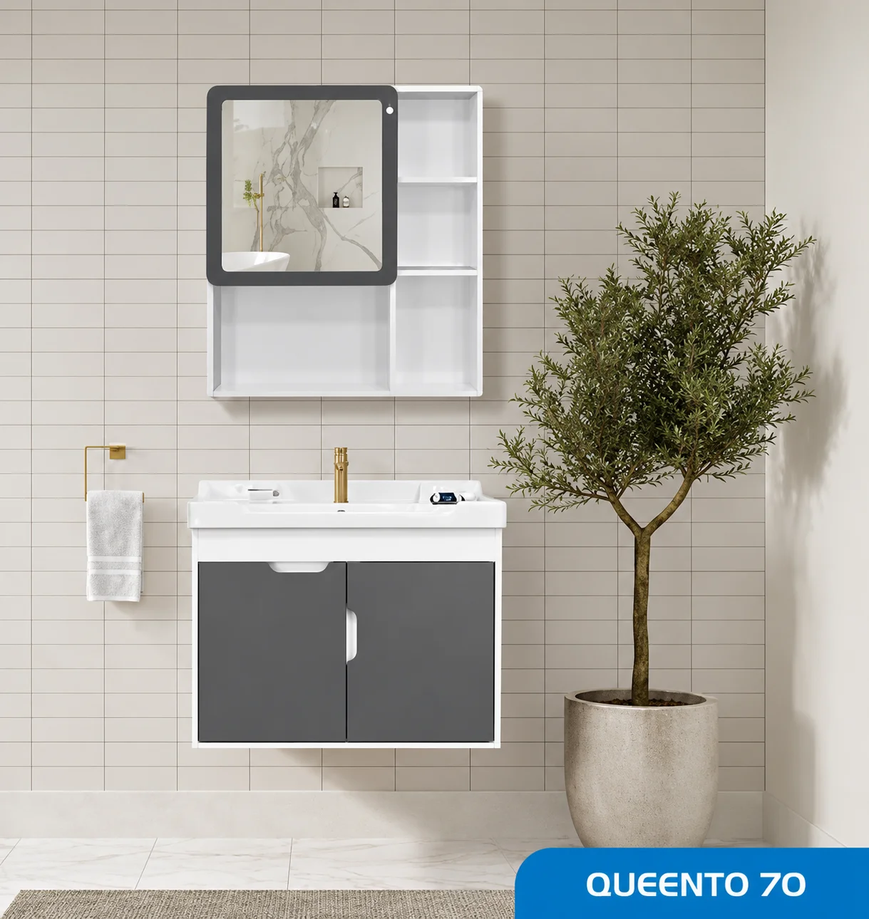 ست روشویی کابینتی و آینه مدل Queento70 صدف 