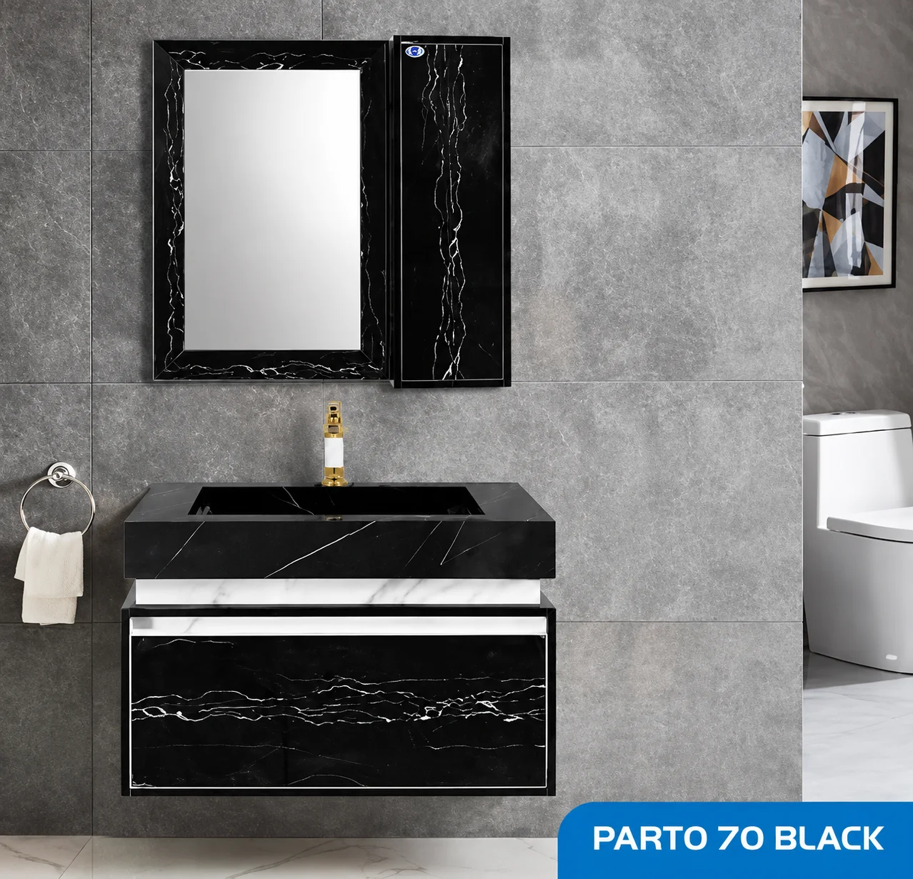ست روشویی کابینتی ، باکس و آینه صدف مدل Parto70 black