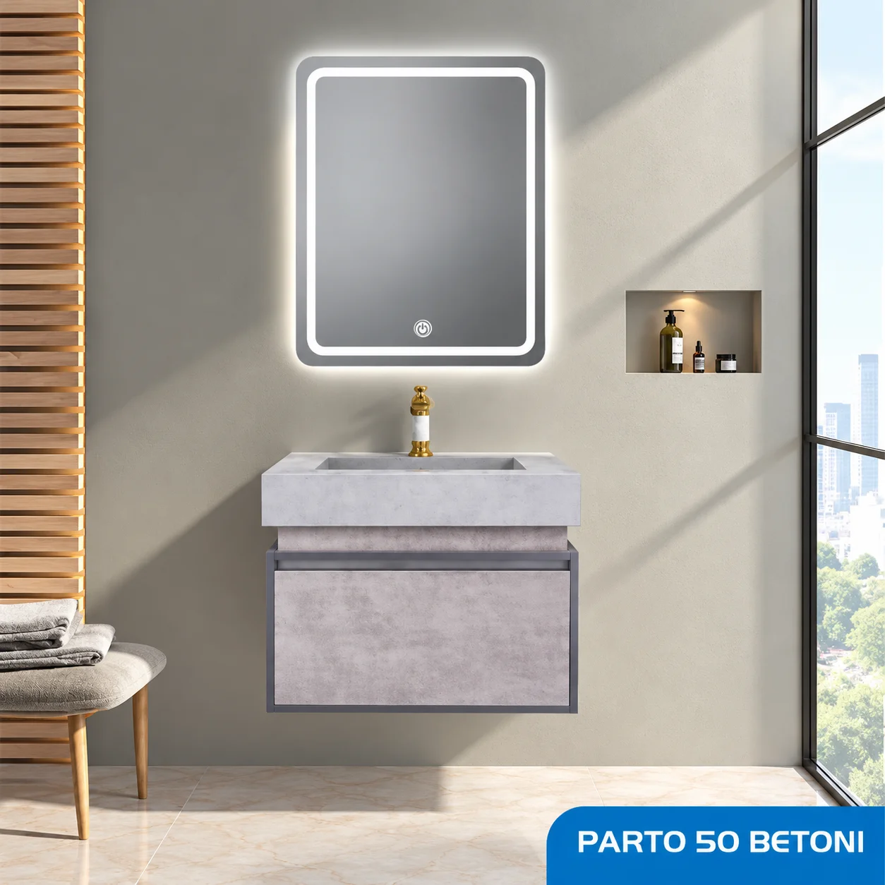 ست روشویی کابینتی و آینه صدف مدل Parto50 betoni