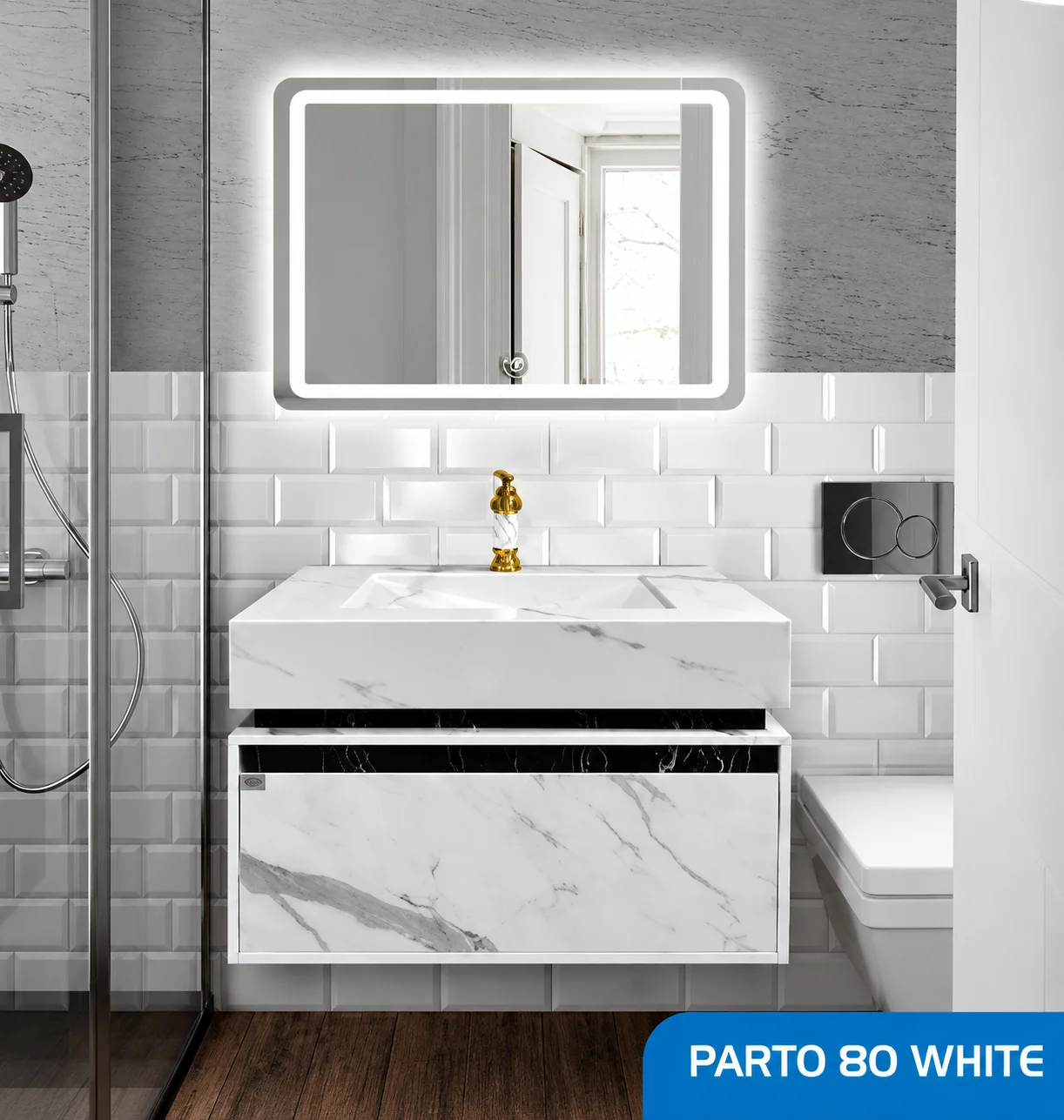 ست روشویی کابینتی، باکس  و آینه صدف مدل Parto80 white