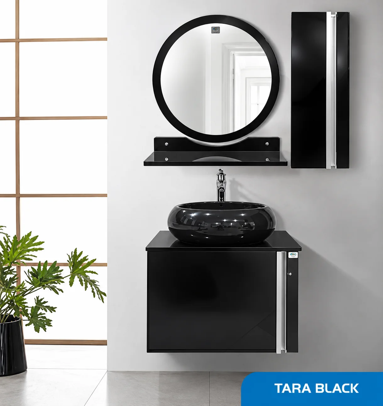 ست روشویی کابینتی و آینه و باکس صدف مدل TARA رنگ مشکی