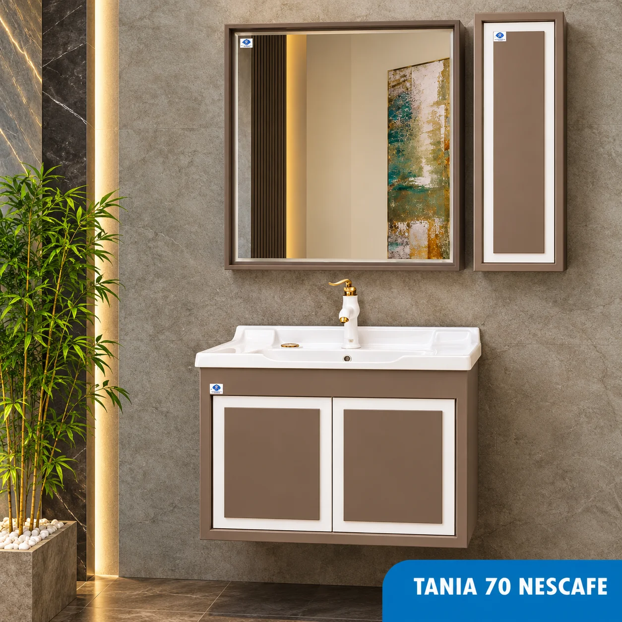 ست روشویی کابینتی و آینه و باکس صدف مدل Tania 70 رنگ نسکافه ای 