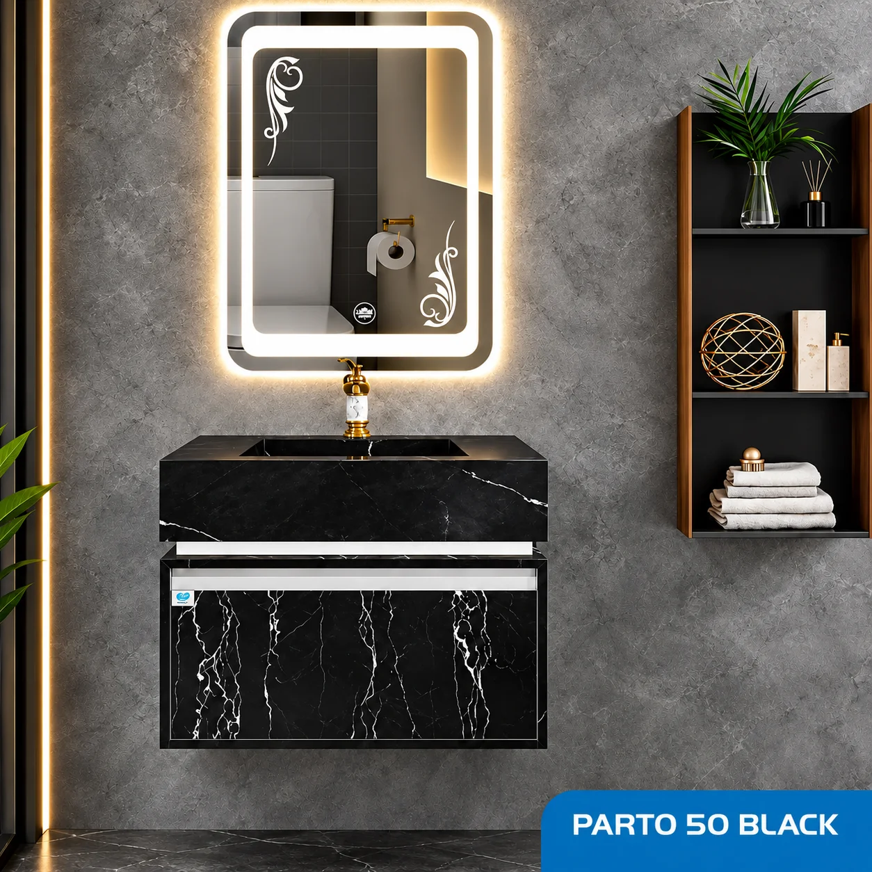 ست روشویی کابینتی و آینه صدف مدل Parto 50 Black 