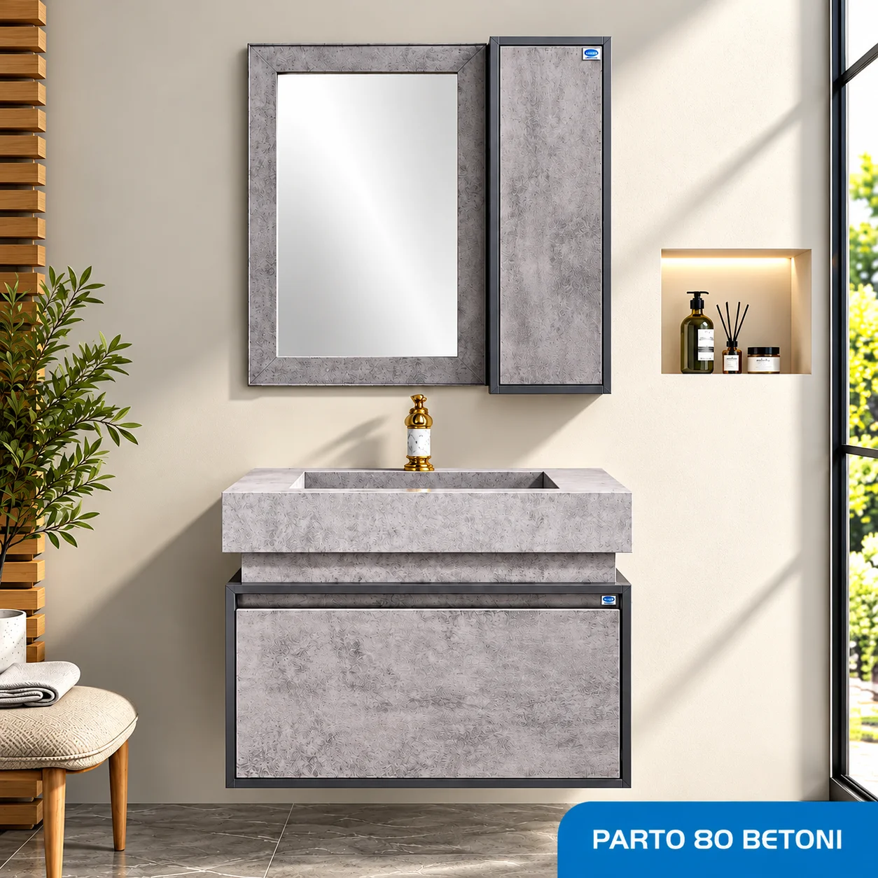 ست روشویی کابینتی و آینه و باکس صدف مدل Parto 80 Betoni