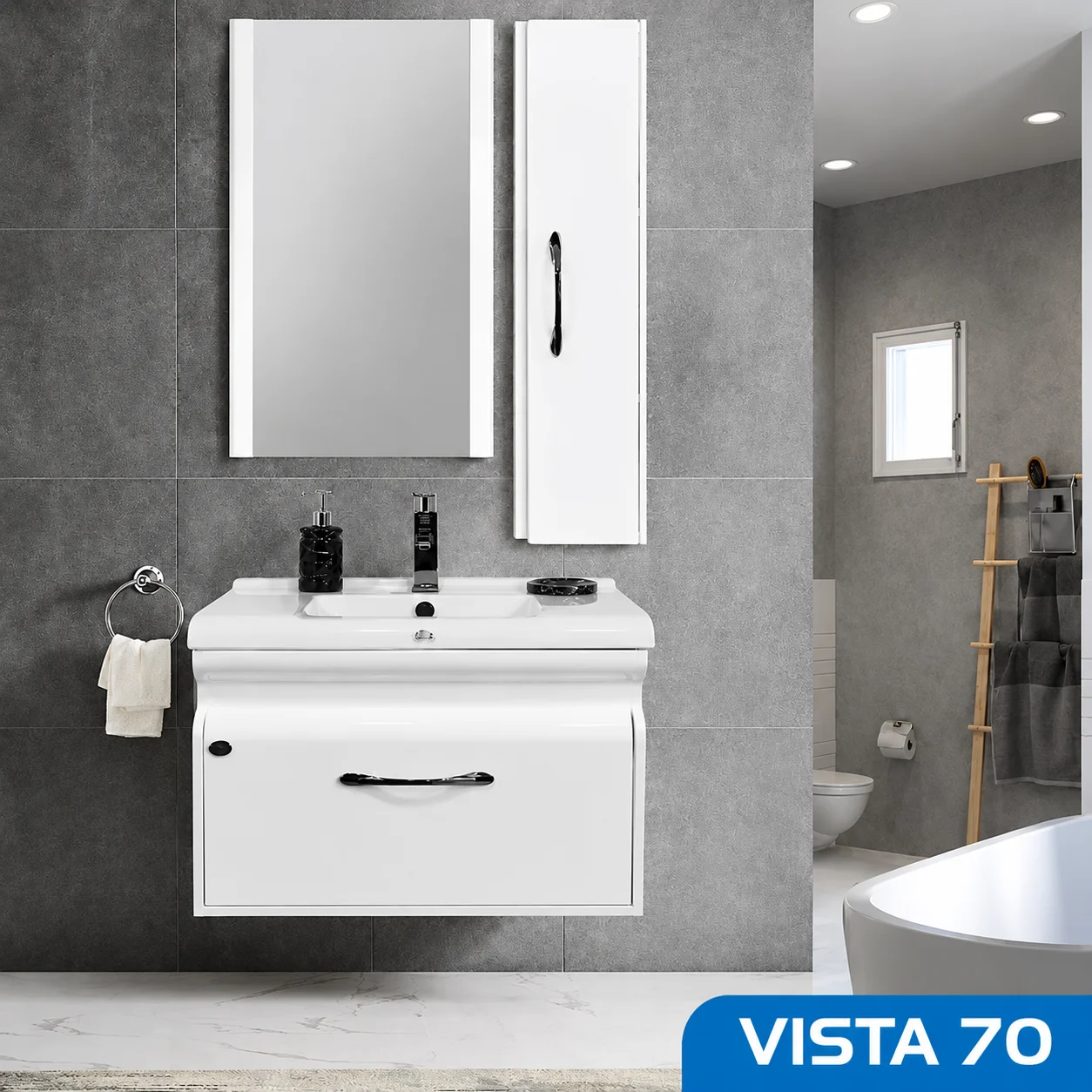 ست روشویی کابینتی، آینه و باکس ویستا ۷۰ سفید صدف