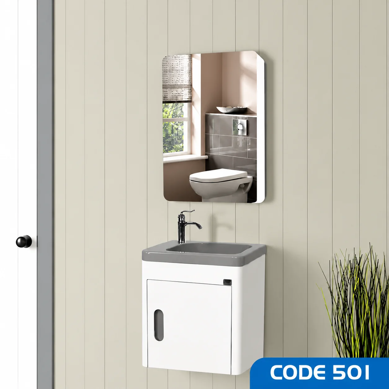 ست روشویی کابینتی و آینه سفید و طوسی501 صدف  