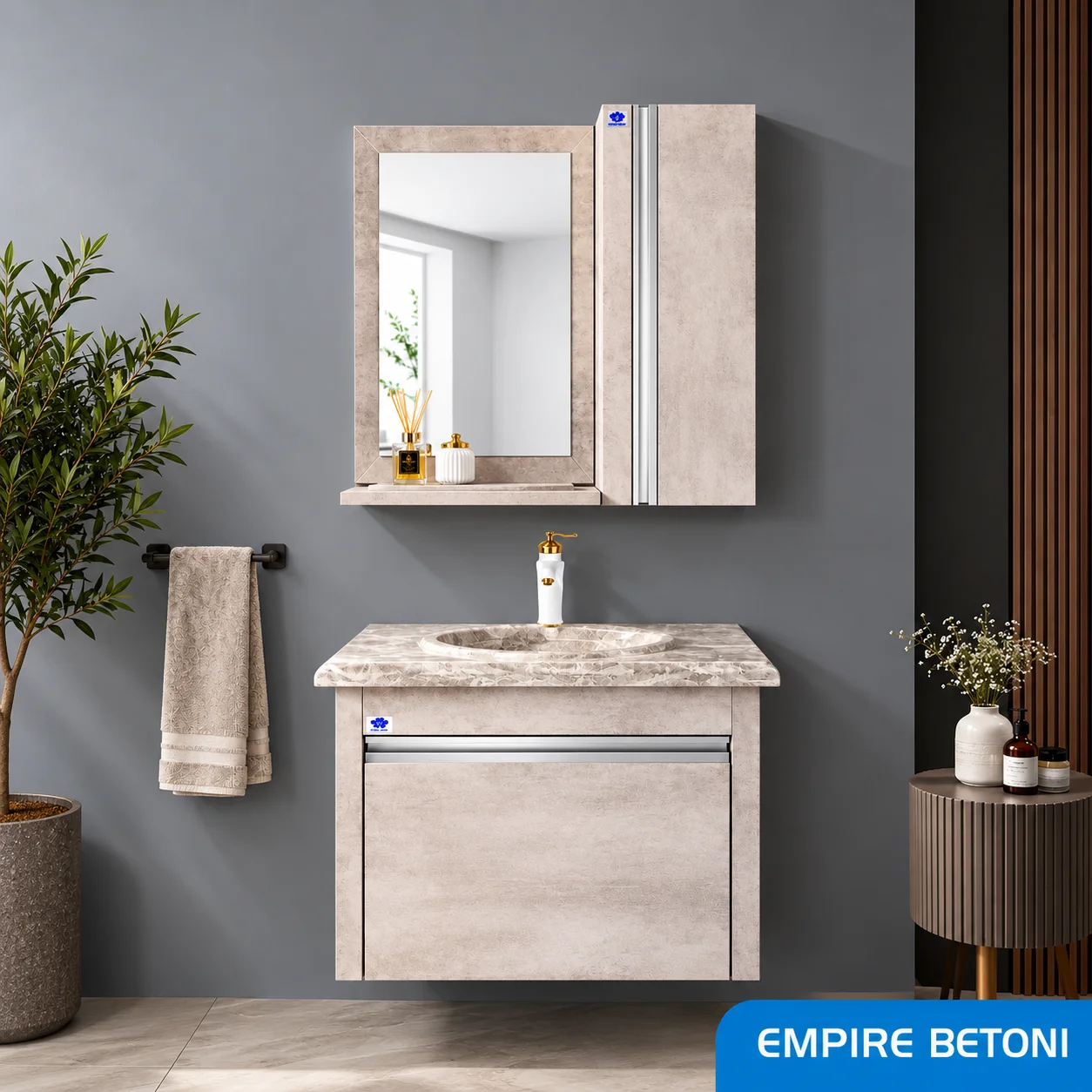 ست روشویی کابینتی، باکس و آینه صدف مدل Empire Betoni