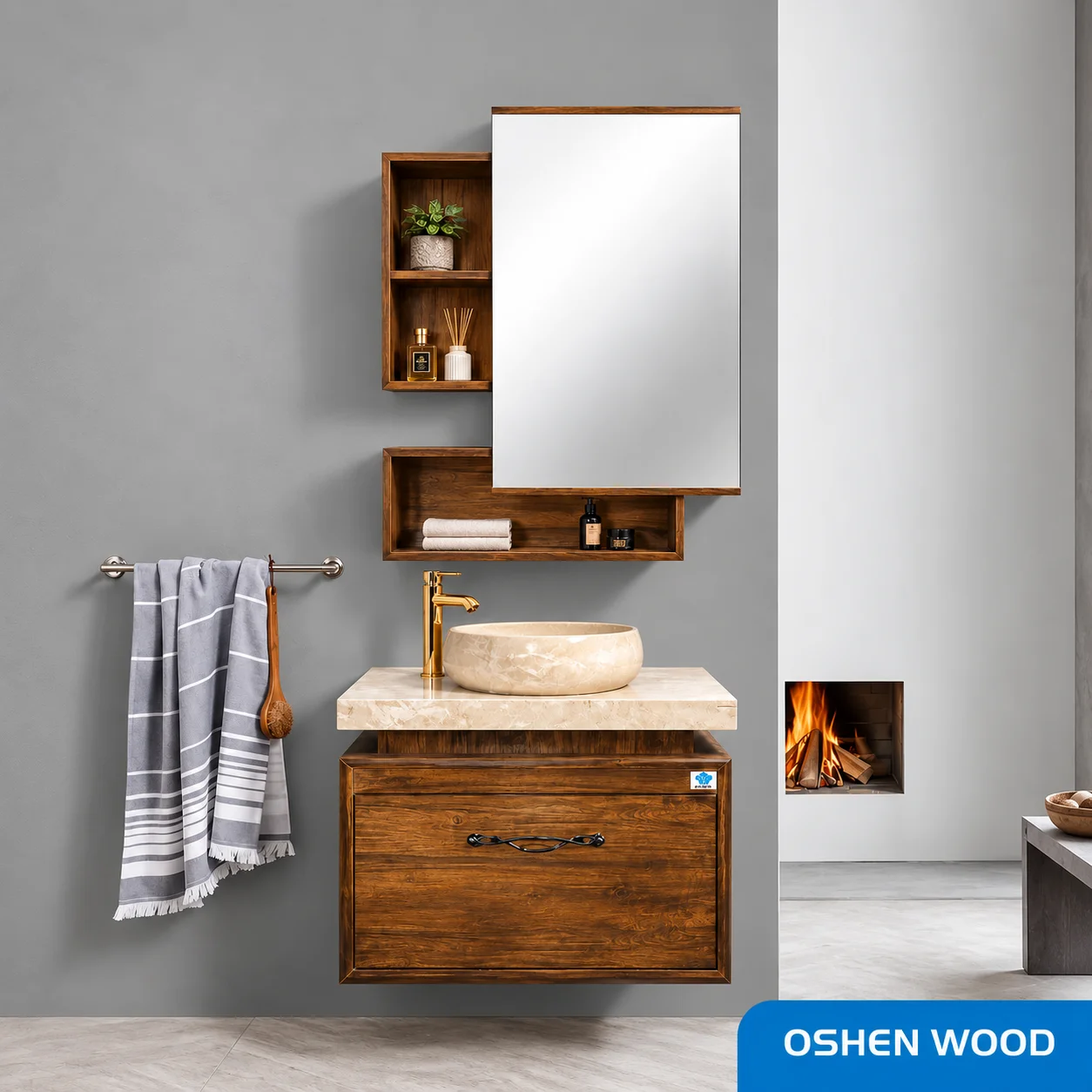 ست روشویی کابینتی و آینه صدف مدل oshen wood