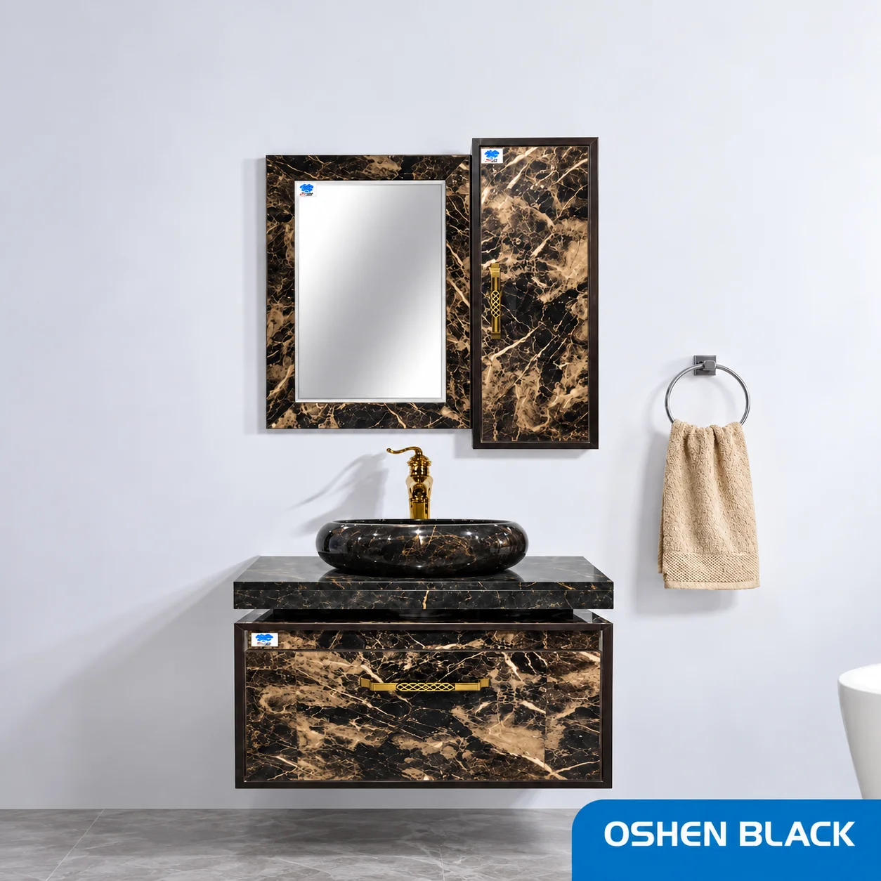 ست روشویی کابینتی،باکس و آینه صدف مدل Oshen black