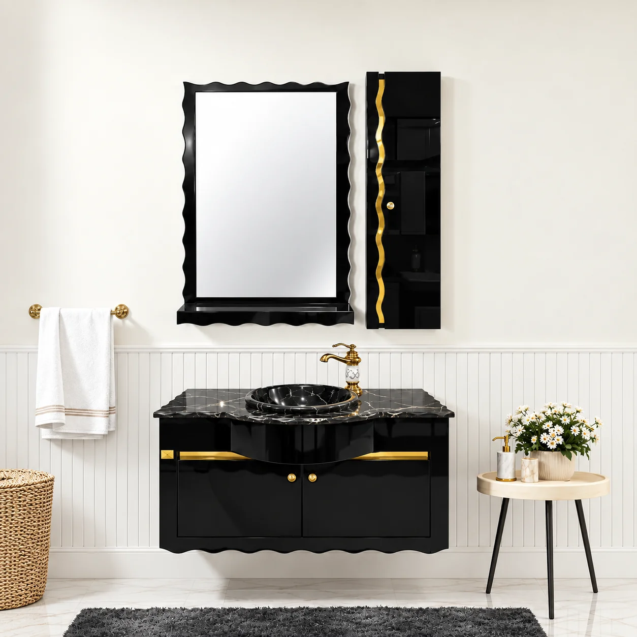 ست روشویی کابینتی، باکس و آینه صدف مدل wolf90 black 