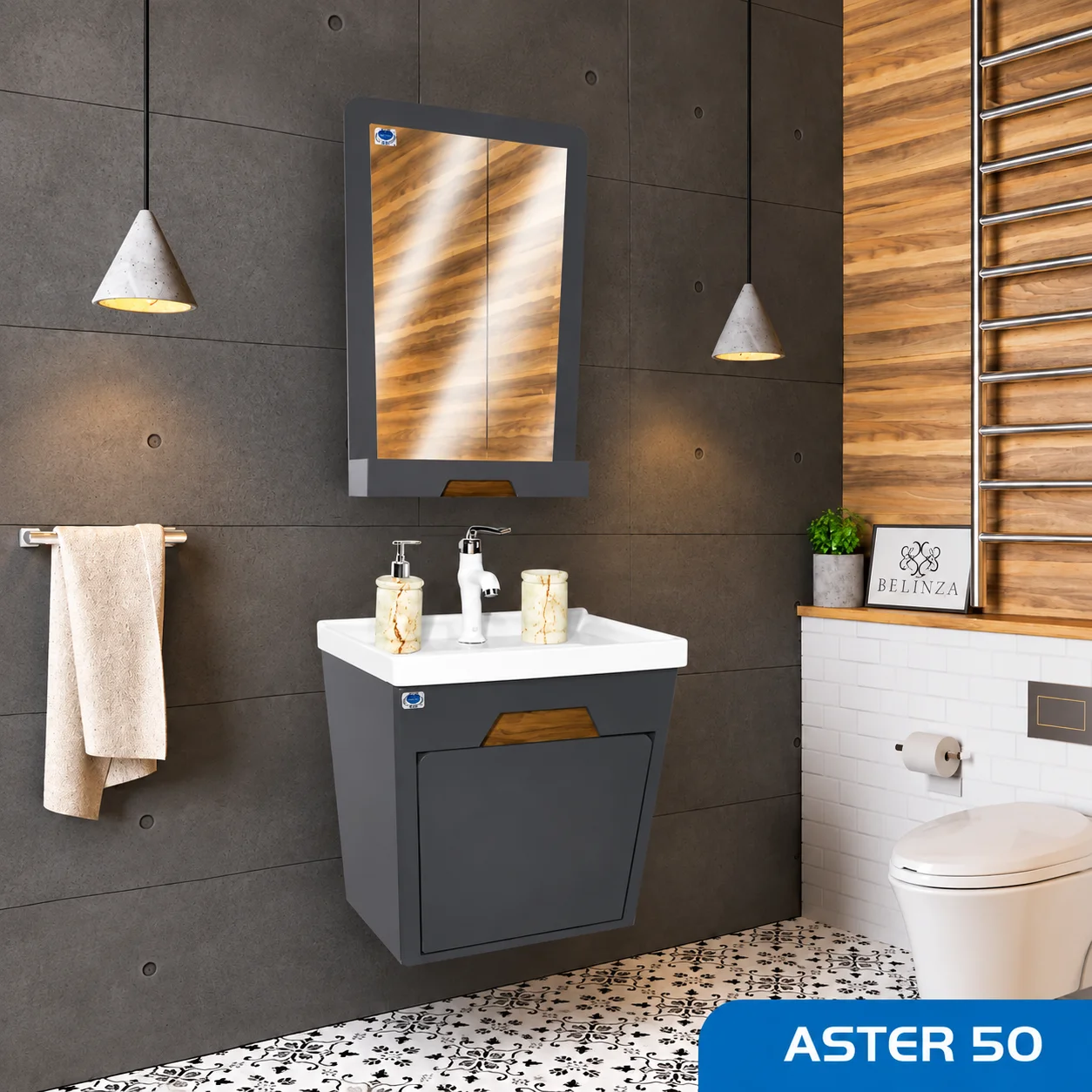 ست روشویی کابینتی و آینه Aster 50 طوسی صدف