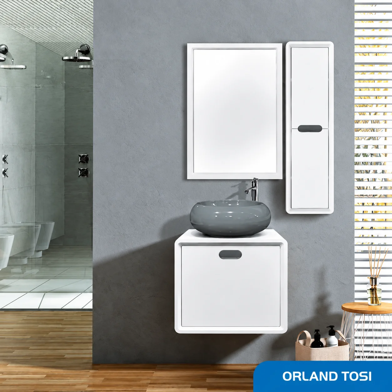 ست روشویی کابینتی، آینه و باکس orland طوسی صدف