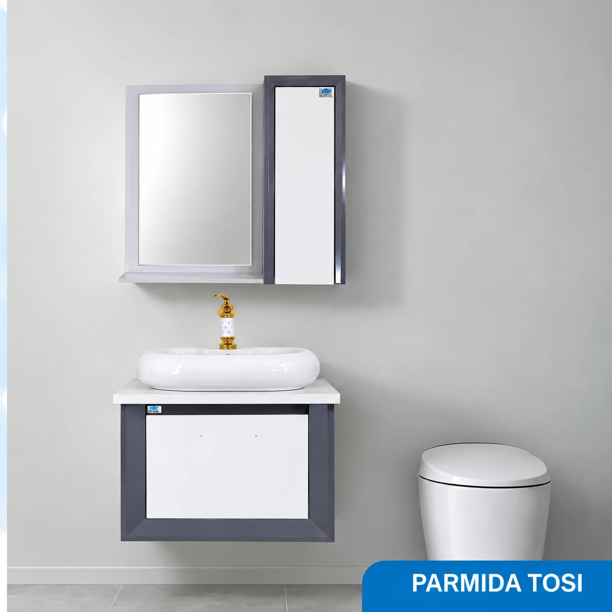 ست روشویی کابینتی ، باکس و آینه پارمیدا رنگ طوسی صدف  