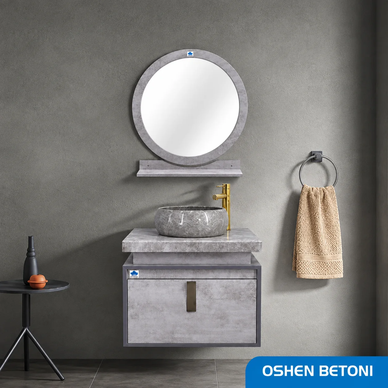 ست روشویی کابینتی و آینه صدف مدل Oshen Betoni 
